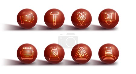 Set line Megaphone, Fire truck, exit, flame in triangle, Flasher siren, Hammer, Traffic cone and Location with fire icon. Vector