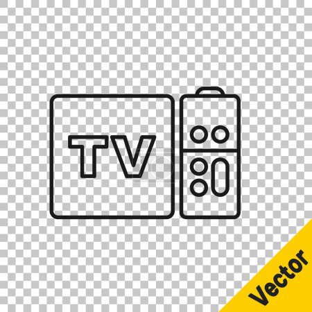 Receptor de caja de TV y multimedia de línea negra y reproductor con icono de controlador remoto aislado en fondo transparente. Vector.