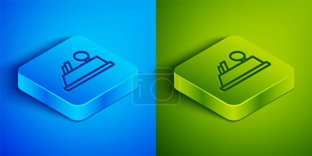 Isometric line Wood plane tool for woodworker hand crafted icon isolated on blue and green background. Jointer plane. Square button. Vector