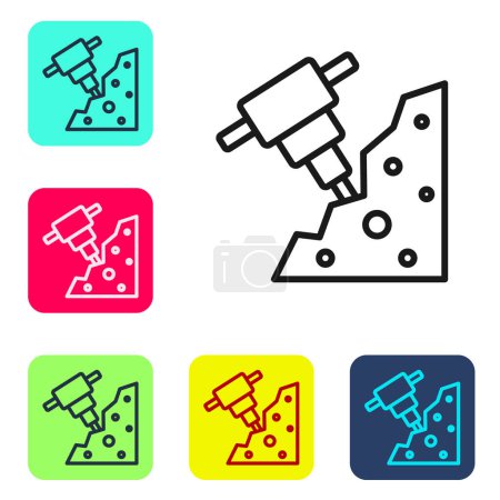 Schwarze Linie Bau Presslufthammer und Steinsymbol isoliert auf weißem Hintergrund. Setzen Sie Symbole in farbigen quadratischen Tasten. Vektor