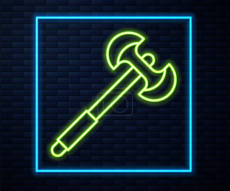 Glowing neon line Medieval poleaxe icon isolated on brick wall background.  Vector