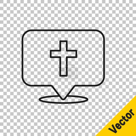 Black line Map pin church building icon isolated on transparent background. Christian Church. Religion of church.  Vector
