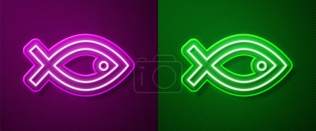 Icono de símbolo de pez cristiano de línea de neón brillante aislado sobre fondo púrpura y verde. Jesús pez símbolo. Vector