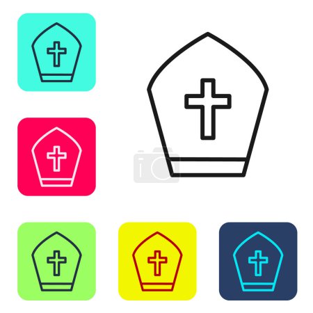 Black line Pope hat icon isolated on white background. Christian hat sign. Set icons in color square buttons. Vector