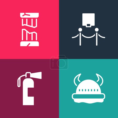 Illustration for Set pop art Viking in horned helmet, Fire extinguisher, Picture and rope barrier and Broken ancient column icon. Vector. - Royalty Free Image