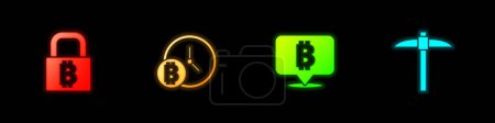 Set Lock with bitcoin, Bitcoin clock,  and Pickaxe icon. Vector.