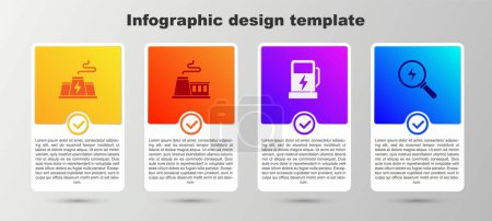 Set Power station plant factory, Factory, Electric car charging and Lightning bolt. Business infographic template. Vector.