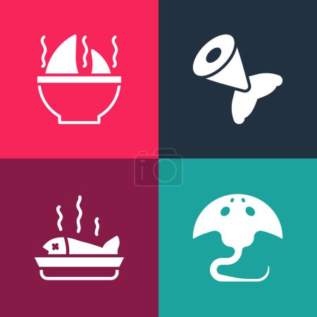 Ilustración de Set pop art Stingray, Servido pescado en el plato, cola de pescado y tiburón icono de la sopa de aleta. Vector - Imagen libre de derechos