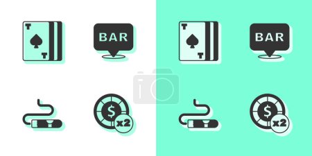 Setzen Sie Casino-Chips, Spielkarten, Zigarren und Alkohol Bar Standort-Symbol. Vektor