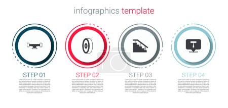 Set Skateboard wheel, ball bearing, stairs with rail and T tool. Business infographic template. Vector
