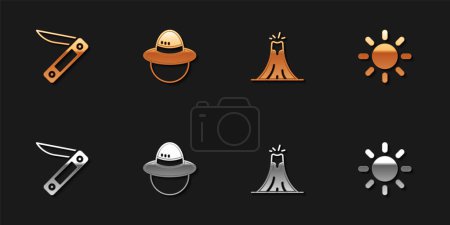 Set couteau suisse, chapeau de camping, éruption du volcan et icône du soleil. Vecteur