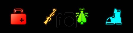 Set First aid kit, Hunting gun, Mosquito and Hunter boots icon. Vector