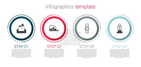 Set Mountains, Rv Camping trailer, Wrist watch and lantern. Business infographic template. Vector