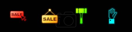 Set Price tag with Sale, Auction hammer and Hand holding auction icon. Vector