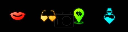 Set Smiling lips, Heart shaped love glasses, Location with heart and Bottle potion icon. Vector