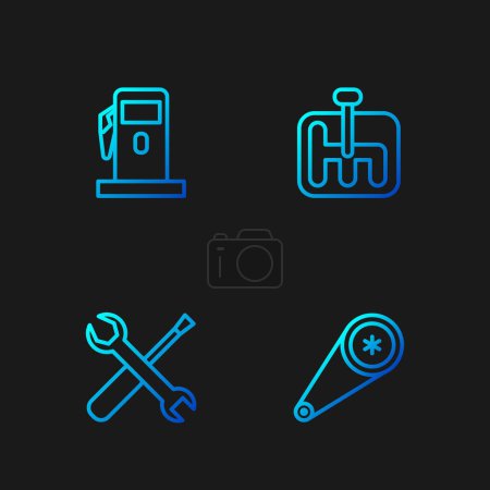 Set line Timing belt kit, Screwdriver and wrench spanner, Petrol or Gas station and Gear shifter. Gradient color icons. Vector
