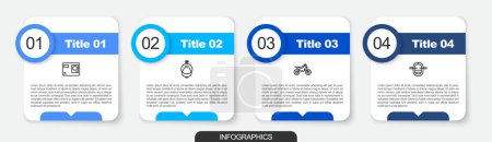 Set line Action extreme camera, Helmet and action, Mountain bike and Rafting boat. Business infographic template. Vector