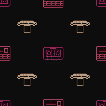 Set line Movie clapper, Limousine car and carpet and VHS video cassette tape on seamless pattern. Vector