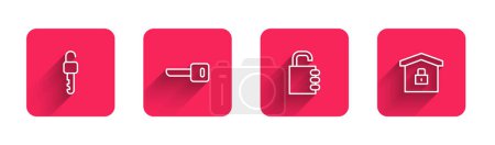 Set line Unlocked key, Key, Safe combination and House under protection with long shadow. Red square button. Vector