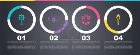 Set line Medieval chained mace ball, Decree, parchment, scroll, Shield and Torch flame. Business infographic template. Vector