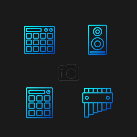 Illustration for Set line Pan flute, Drum machine,  and Stereo speaker. Gradient color icons. Vector - Royalty Free Image