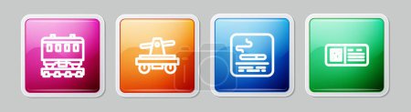 Set line Passenger train cars, Draisine or handcar, Smoking area and QR code ticket. Colorful square button. Vector