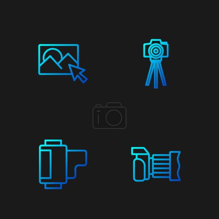 Ilustración de Set line Cámara fotográfica, Cartucho de rollo de cámara, retoque y. Iconos de color degradado. Vector - Imagen libre de derechos