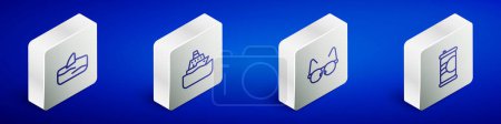 Set Isometric line Shark fin in ocean wave, Cruise ship, Glasses and Soda can icon. Vector