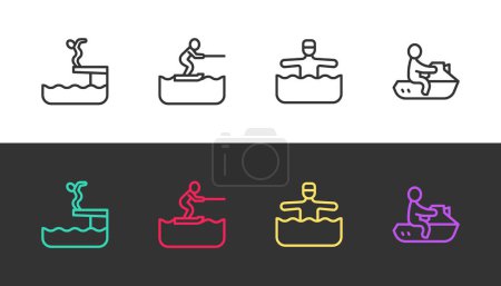 Set line Swimmer diving into pool, Water skiing man, gymnastics and Jet on black and white. Vector
