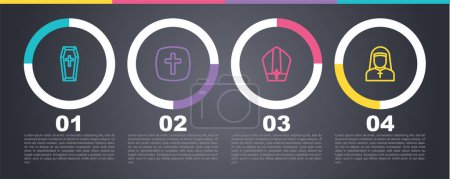 Set line Coffin, Christian cross, Pope hat and Nun. Business infographic template. Vector