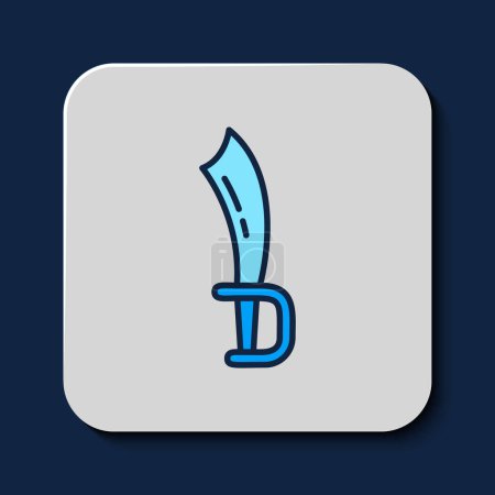 Gefüllte Umrisse Piratenschwertsymbol isoliert auf blauem Hintergrund. Säbelzeichen. Vektor