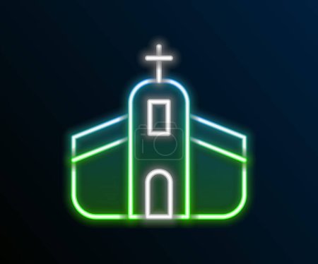Téléchargez les photos : Ligne lumineuse néon icône du bâtiment de l'église isolé sur fond noir. Église chrétienne. Religion d'église. Concept de contour coloré. Vecteur - en image libre de droit
