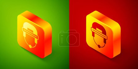 Isometric Hockey helmet icon isolated on green and red background. Square button. Vector