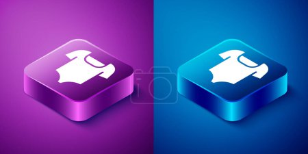Isometric Summer beach swimsuit icon isolated on blue and purple background. Beach women fashion. Square button. Vector
