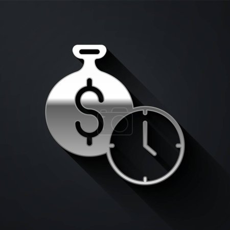 Silver Time est l'icône de l'argent isolé sur fond noir. L'argent c'est le temps. Gestion efficace du temps. Convertir le temps en argent. Style ombre longue. Vecteur