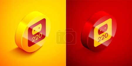 Isometric Electrical outlet icon isolated on orange and red background. Power socket. Rosette symbol. Circle button. Vector