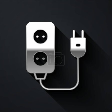 Silver Electric extension cord icon isolated on black background. Power plug socket. Long shadow style. Vector