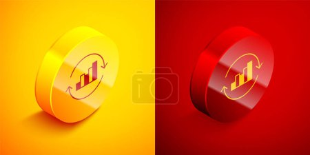 Isometric Pie chart infographic icon isolated on orange and red background. Diagram chart sign. Circle button. Vector
