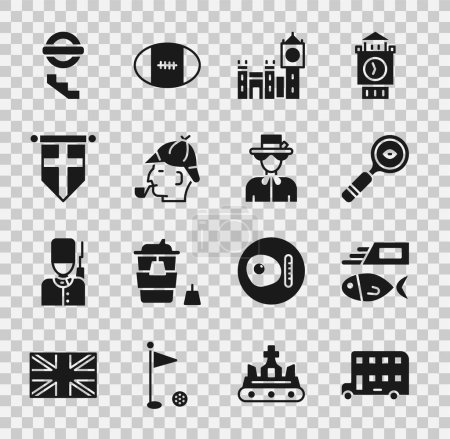 Set Double decker bus, Fish and chips, Magnifying glass, Big Ben tower, Sherlock Holmes, England flag on pennant, London underground and Queen Elizabeth icon. Vector
