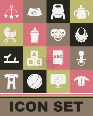 Set Baby clothes, dummy pacifier, bib, potty, bottle, stroller, crib hanging toys and  icon. Vector