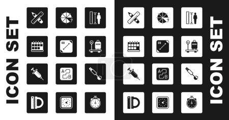 Illustration for Set Measuring height body, Diagonal measuring, Calendar, Crossed ruler and pencil, Scale with suitcase, Circle of pieces, spoon and Syringe icon. Vector - Royalty Free Image