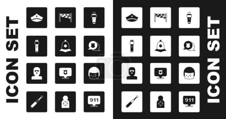 Set Taschenlampe, britischer Polizeihelm, Polizei-Elektroschocker, Mütze mit Kokarde, Abzeichen, Tatort und Diebesmaske-Symbol. Vektor