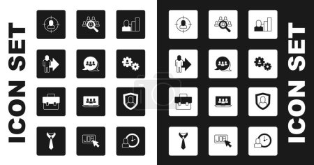 Set Productive human, Project team base, Leader of of executives, Head hunting, Human with gear, Magnifying glass for search job, User protection and Briefcase icon. Vector