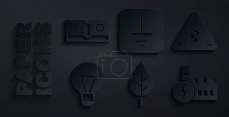 Set Leaf Eco symbol, High voltage, Creative lamp light idea, Nuclear power plant, Electrical ground and switch icon. Vector