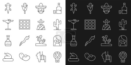 Ilustración de Set line Cráneo mexicano, luchador, Cactus, man sombrero, Chocolate bar, cóctel Margarita, Lagarto e icono. Vector - Imagen libre de derechos