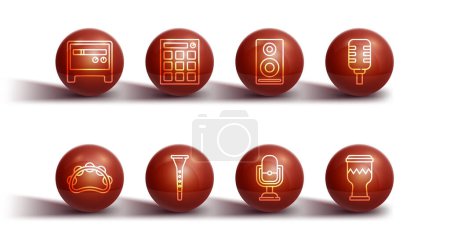 Illustration for Set line Guitar amplifier, Tambourine, Microphone, Clarinet, Drum machine,  and Stereo speaker icon. Vector - Royalty Free Image