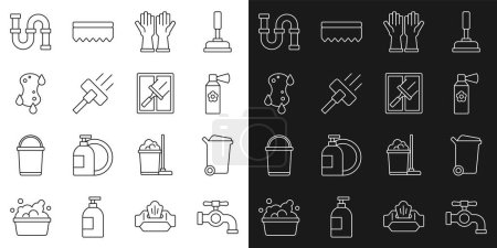 Illustration for Set line Water tap, Trash can, Air freshener spray bottle, Rubber gloves, Vacuum cleaner, Sponge, Industry metallic pipe and for windows icon. Vector - Royalty Free Image