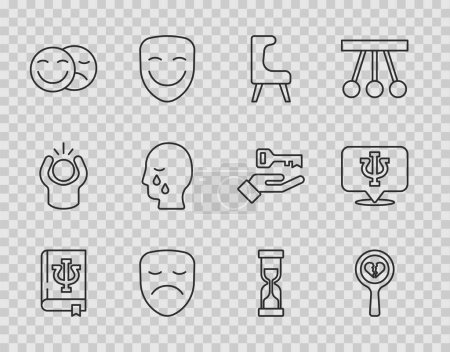 Set line Psychology book, Psi, Broken heart or divorce, Armchair, Drama theatrical mask, Comedy and tragedy masks, Man graves funeral sorrow, Old hourglass and Psychology, icon. Vector