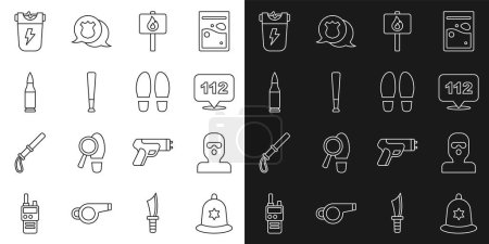 Set line British police helmet, Thief mask, Telephone call 112, Protest, Baseball bat, Bullet, Police electric shocker and Footsteps icon. Vector