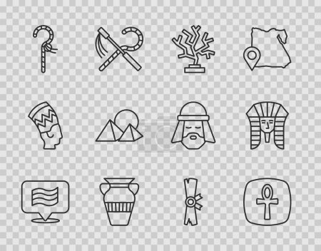 Set line Flag Of Egypt, Cross ankh, Coral, Egyptian vase, Crook, pyramids, Papyrus scroll and pharaoh icon. Vector
